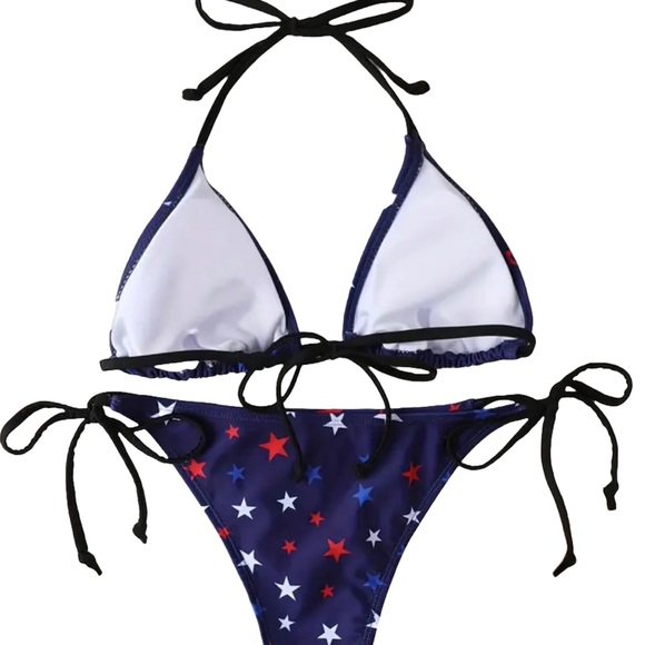 American Flag Stars Triangle Halter Side Tie Bikini Set - Picture 2 of 7